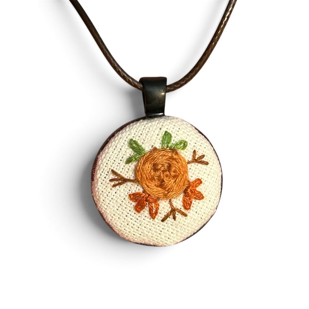 Handmade Orange Rose Embroidered Charm Necklace - Picture 3 of 4